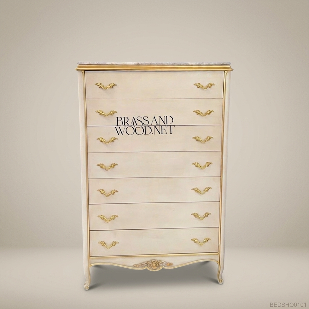 French Provincial Ivory Tall Chest of Drawers - Six-Drawer with Gilt Brass Pulls