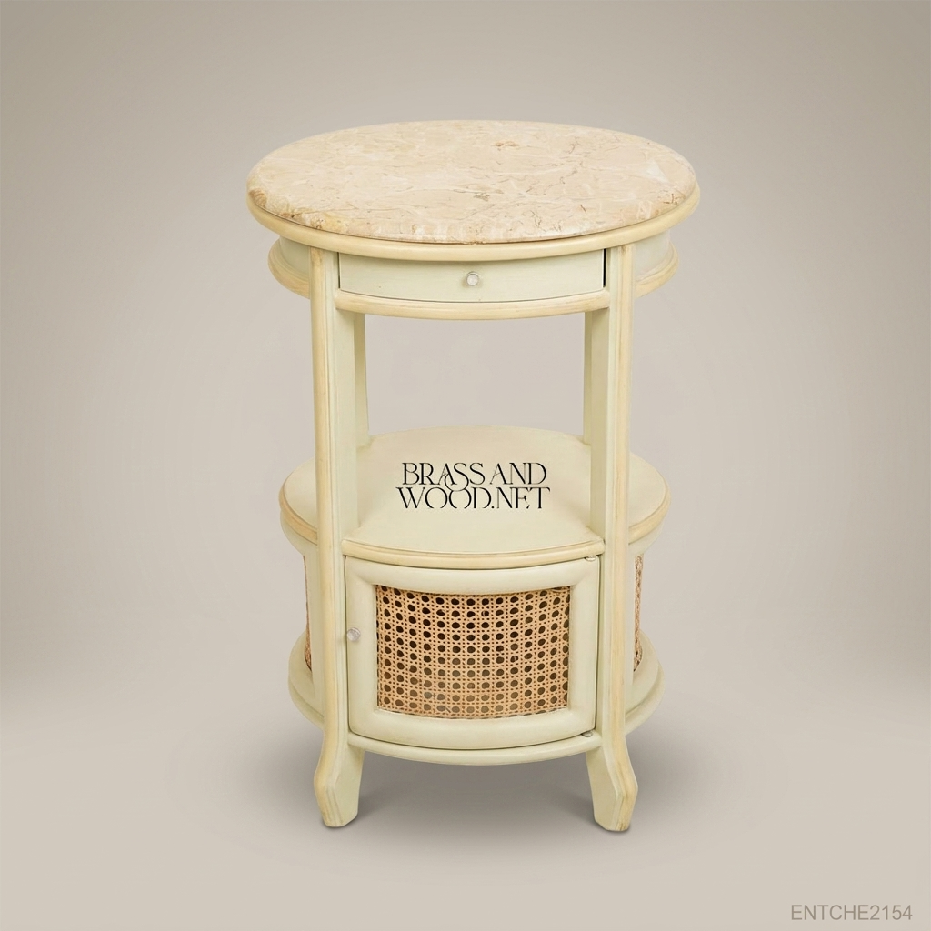 French Provincial Oval Nightstand with Marble Top & Cane Cabinet