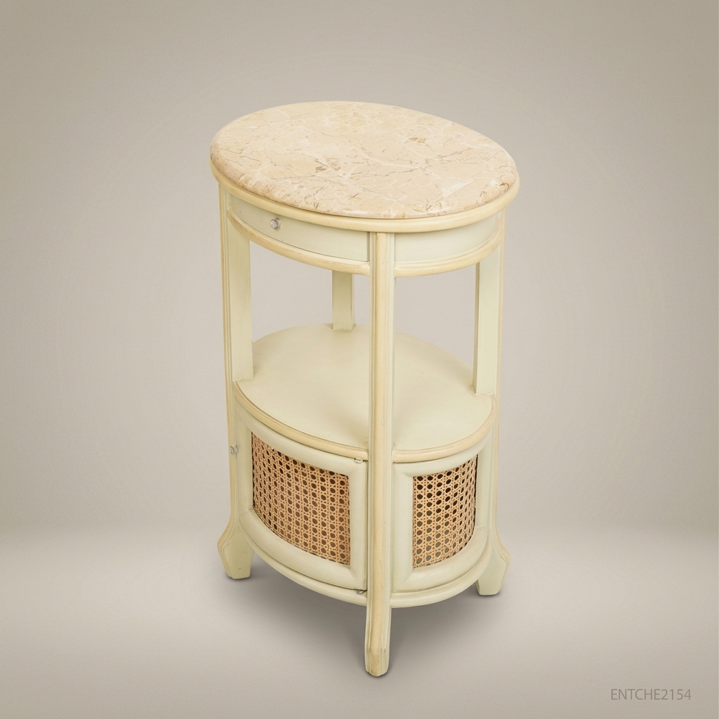 French Provincial Oval Nightstand with Marble Top & Cane Cabinet