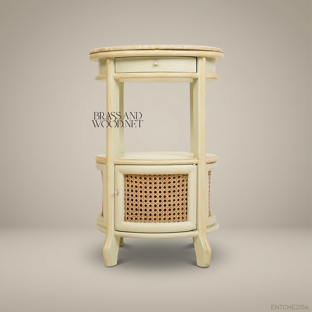 French Provincial Oval Nightstand with Marble Top & Cane Cabinet