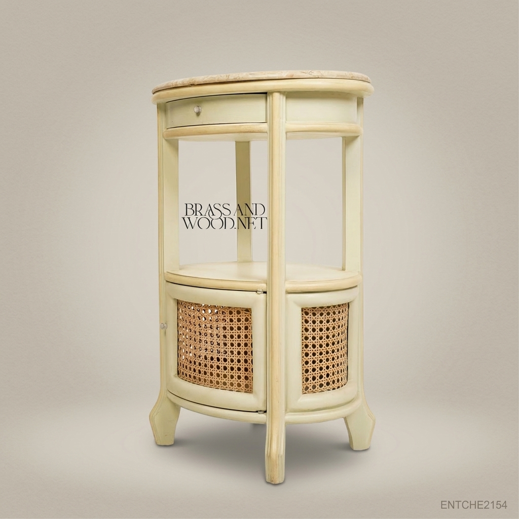 French Provincial Oval Nightstand with Marble Top & Cane Cabinet