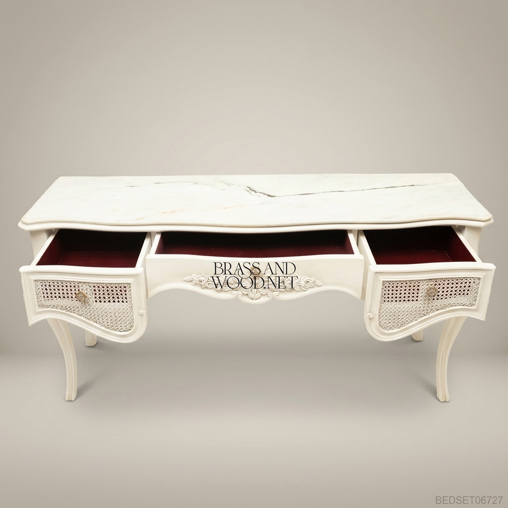 French Provincial Rococo Ivory Dressing Table Set with Carved Mirror & Cane Panels