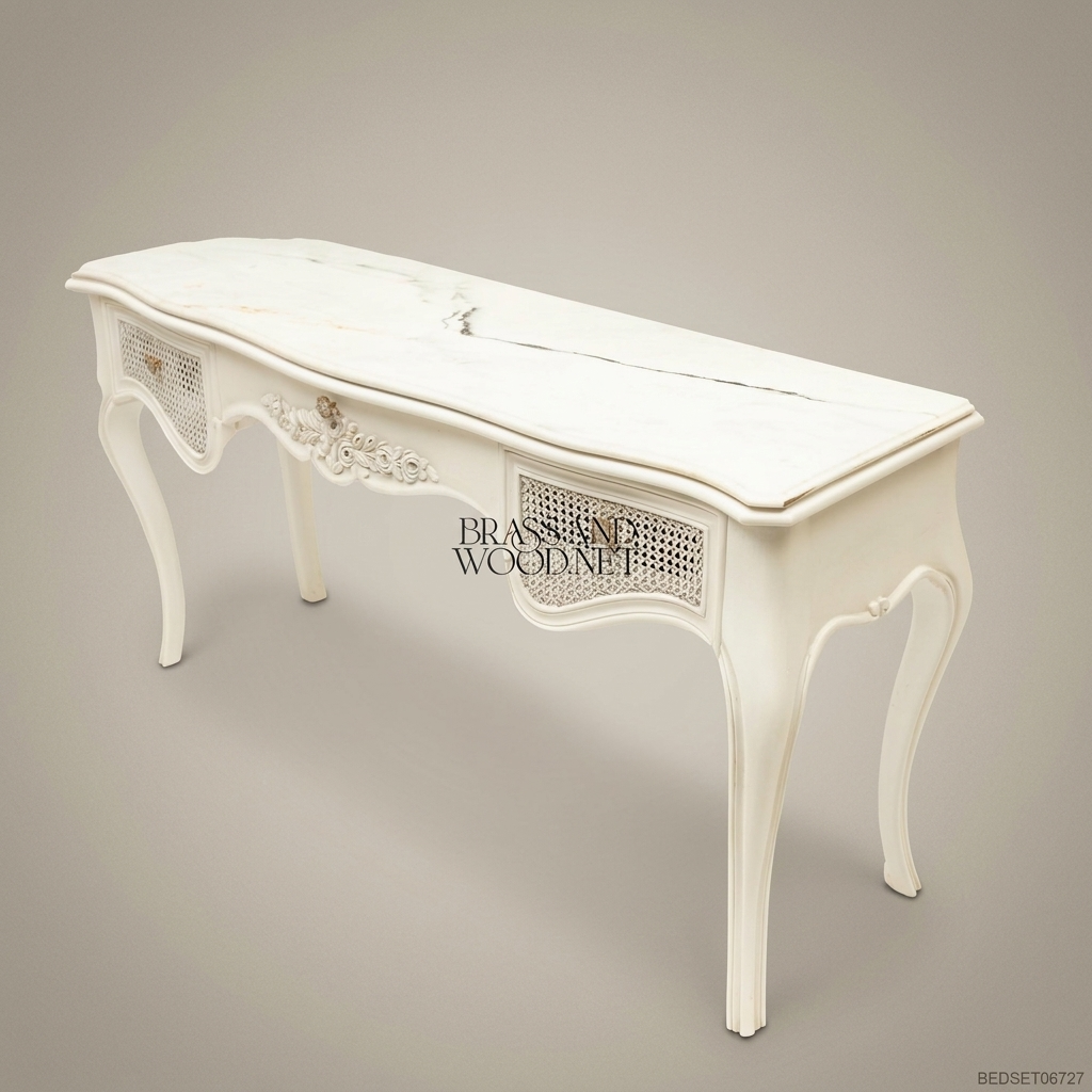 French Provincial Rococo Ivory Dressing Table Set with Carved Mirror & Cane Panels