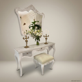 French Provincial Rococo Ivory Dressing Table Set with Carved Mirror & Cane Panels
