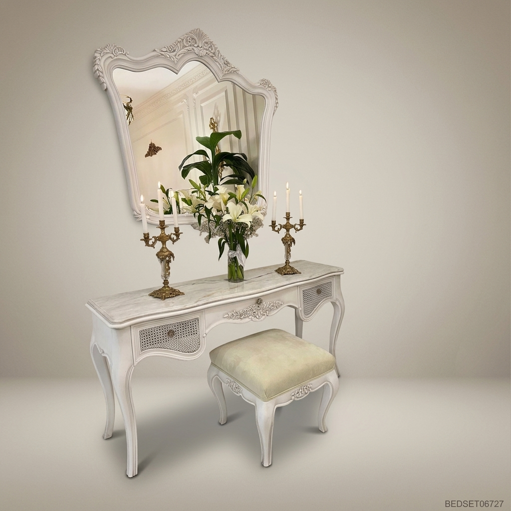 French Provincial Rococo Ivory Dressing Table Set with Carved Mirror & Cane Panels