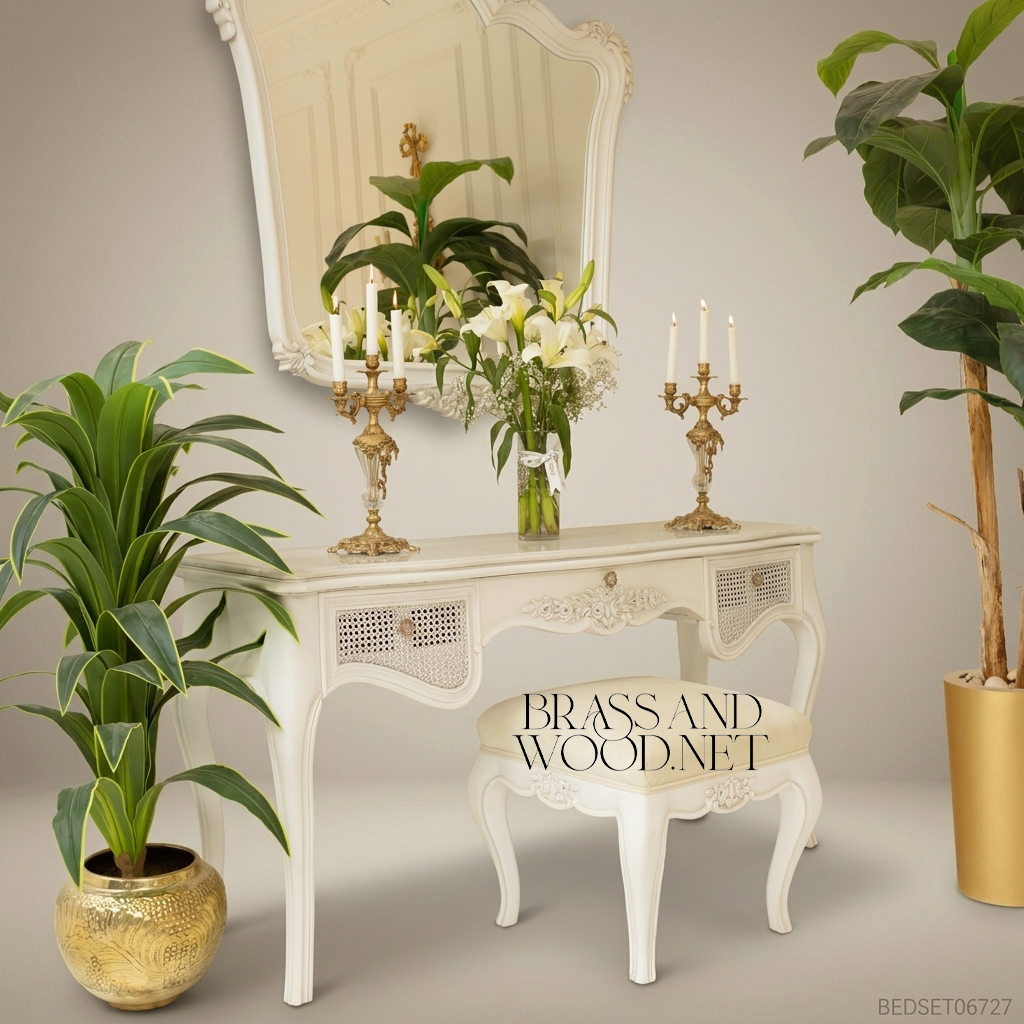 French Provincial Rococo Ivory Dressing Table Set with Carved Mirror & Cane Panels