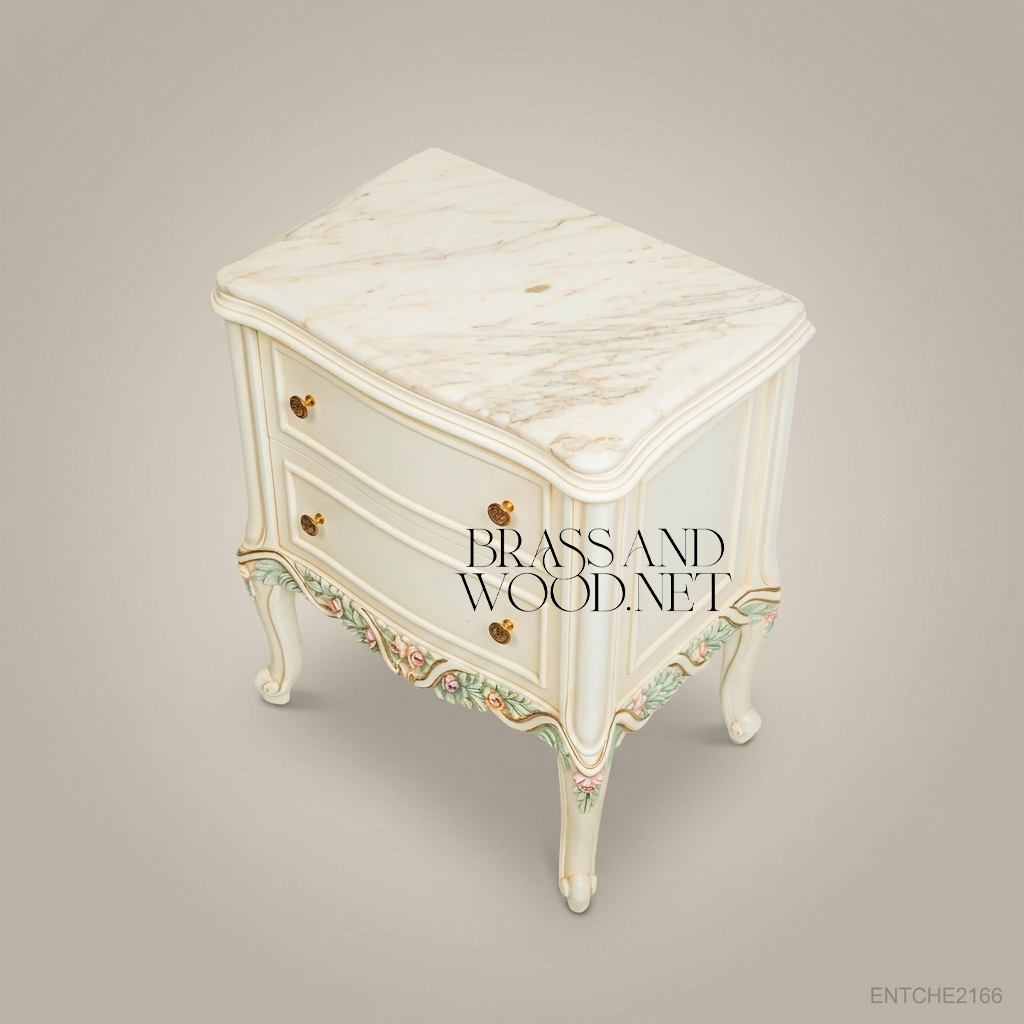 French Provincial Rococo Nightstand with Hand-Painted Floral Relief & Marble Top