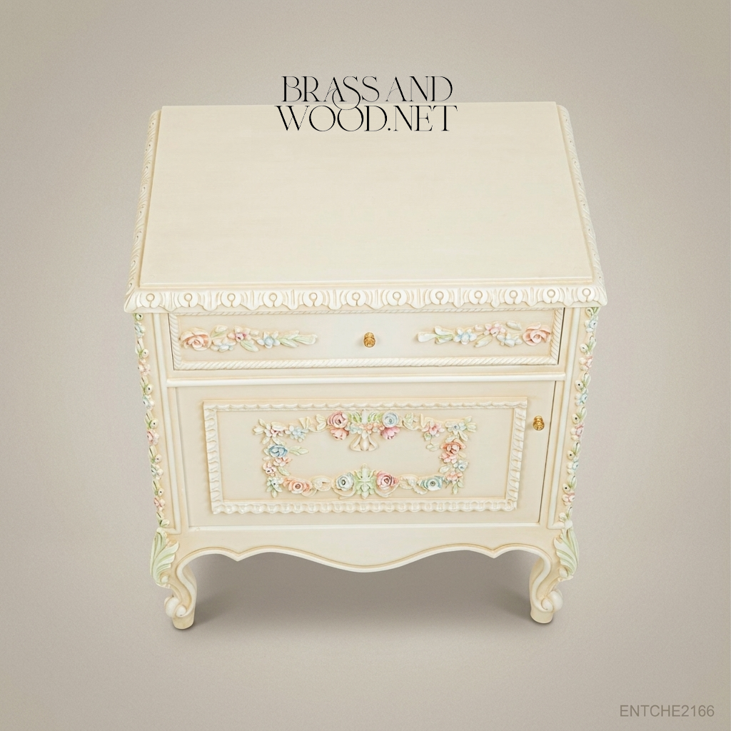 French Provincial Rococo Nightstand with Hand-Painted Floral Relief & Marble Top