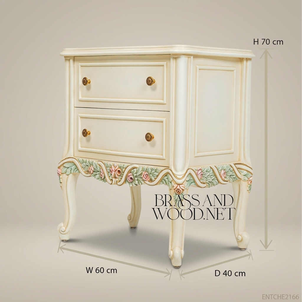 French Provincial Rococo Nightstand with Hand-Painted Floral Relief & Marble Top