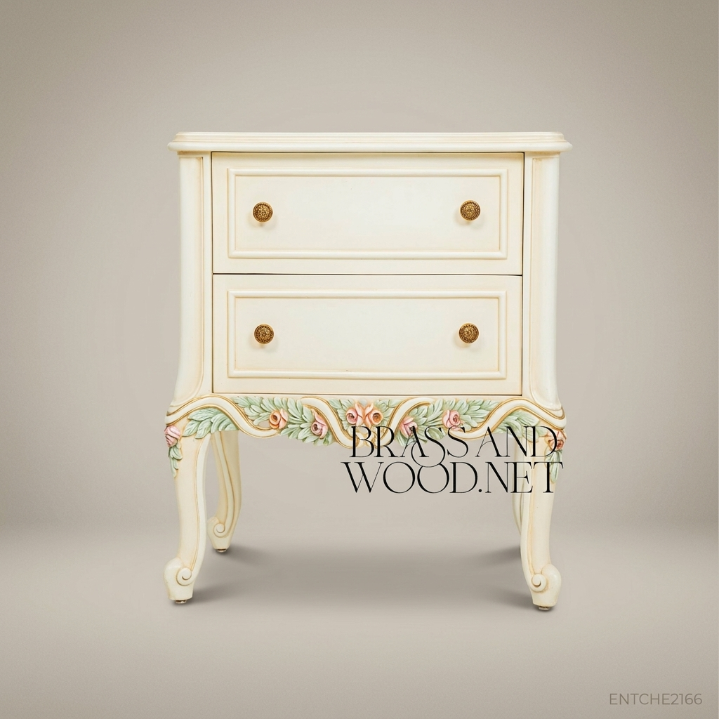 French Provincial Rococo Nightstand with Hand-Painted Floral Relief & Marble Top