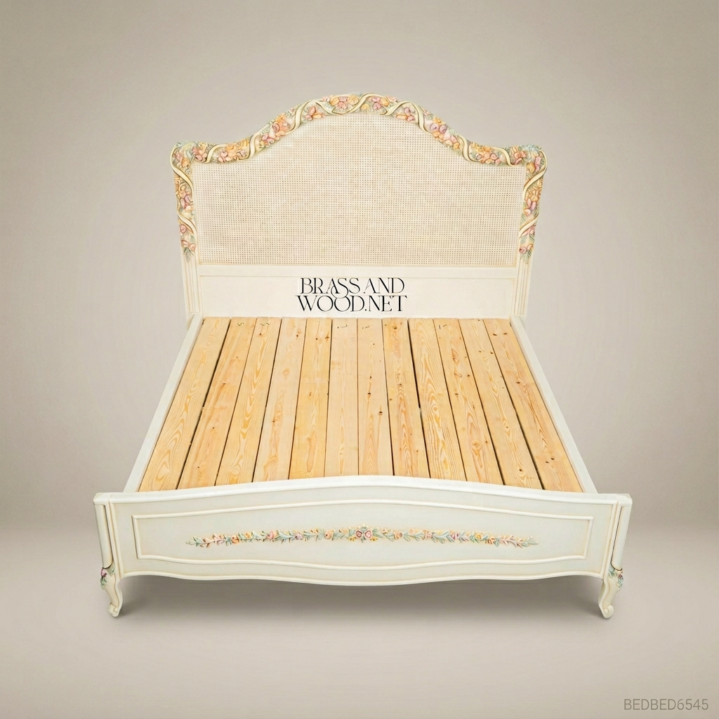 French Provincial Rococo Super King Bed — Hand-Painted Floral Cane Headboard