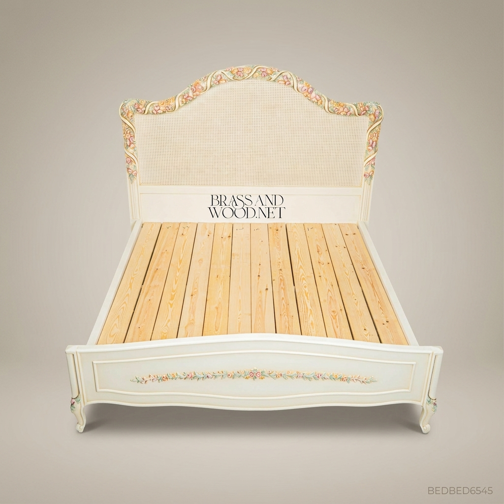 French Provincial Rococo Super King Bed — Hand-Painted Floral Cane Headboard