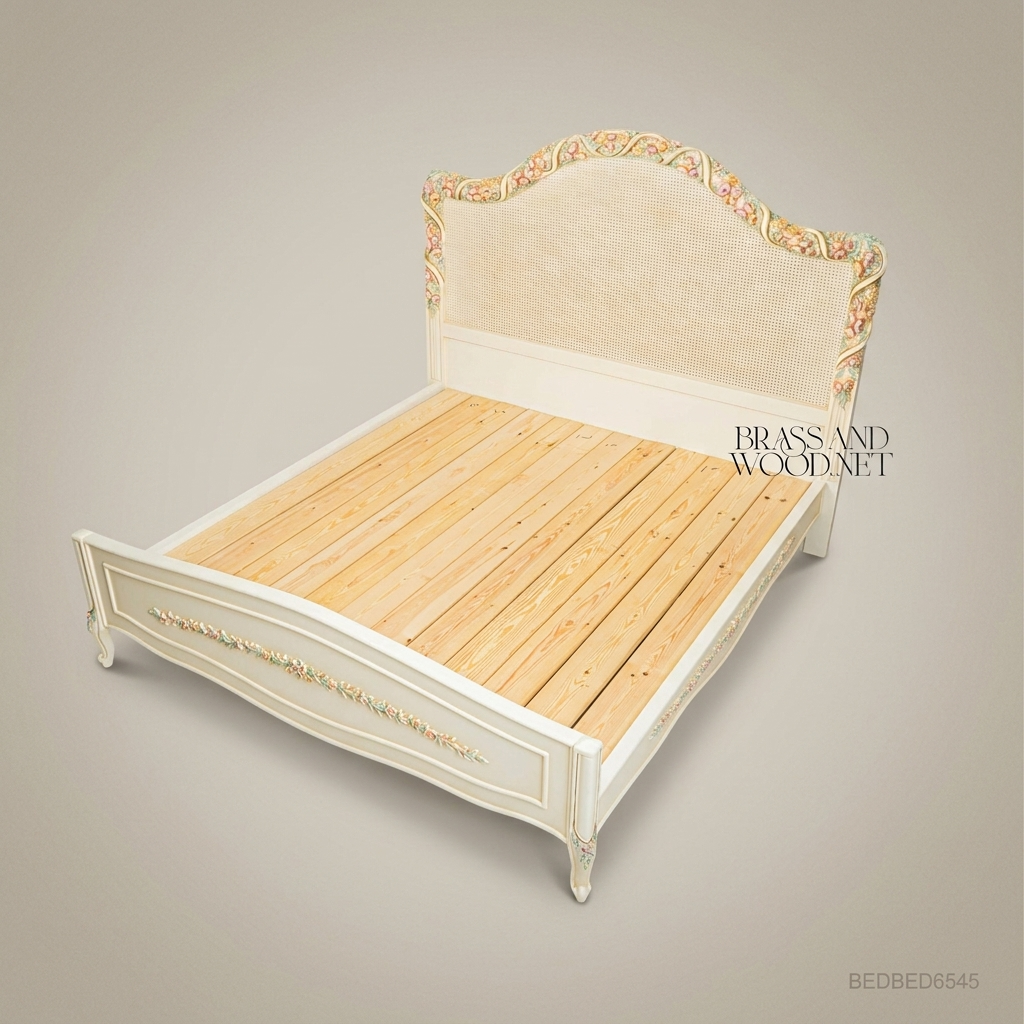 French Provincial Rococo Super King Bed — Hand-Painted Floral Cane Headboard
