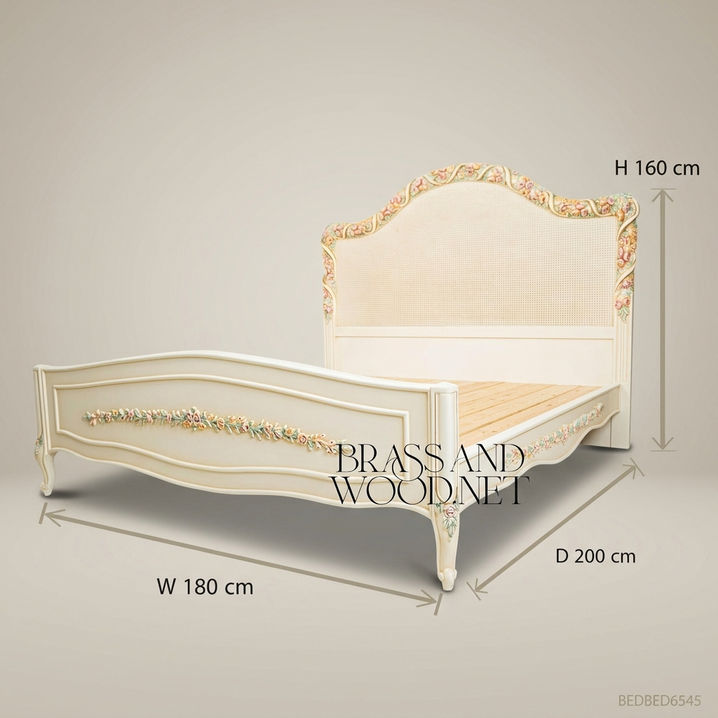 French Provincial Rococo Super King Bed — Hand-Painted Floral Cane Headboard