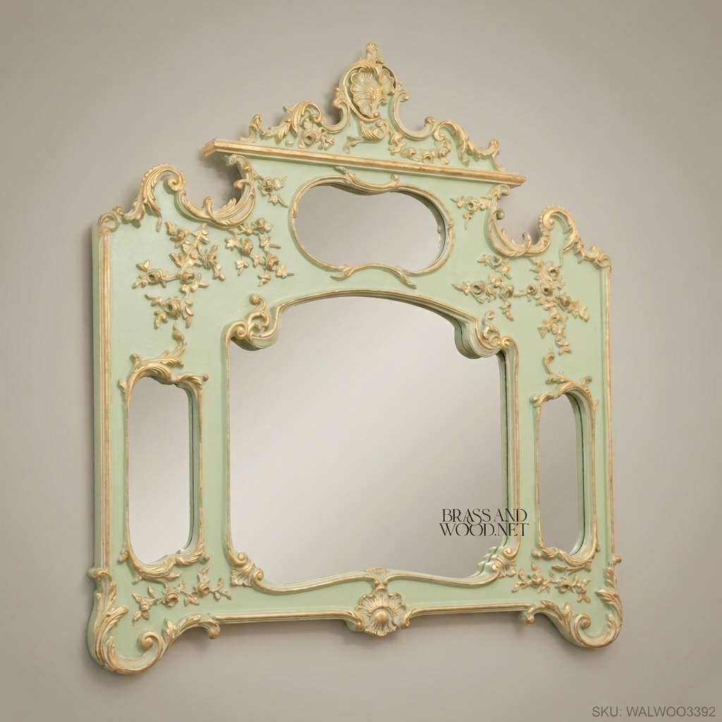 French Rococo Painted Wall Mirror – Sage Green & Gilt C-Scroll Floral Frame