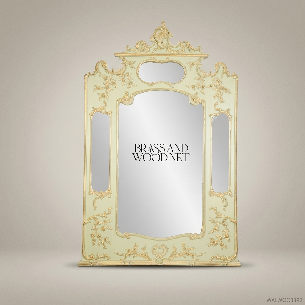 French Rococo Painted Wall Mirror – Sage Green & Gilt C-Scroll Floral Frame