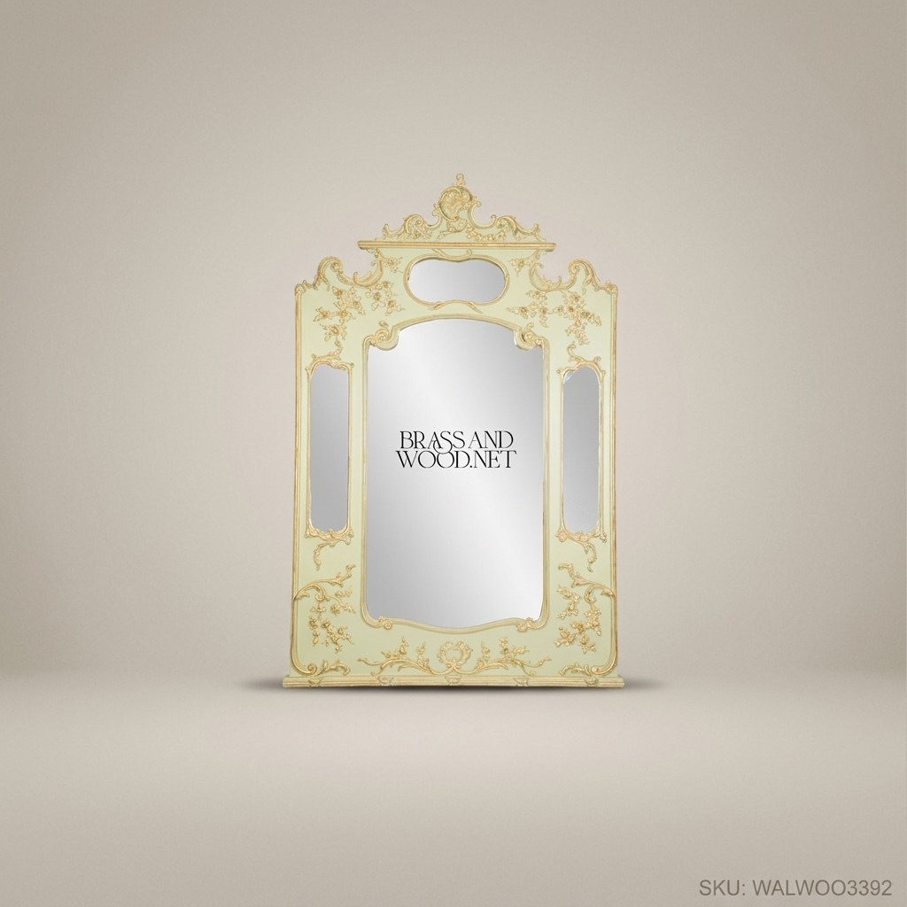 French Rococo Painted Wall Mirror – Sage Green & Gilt C-Scroll Floral Frame