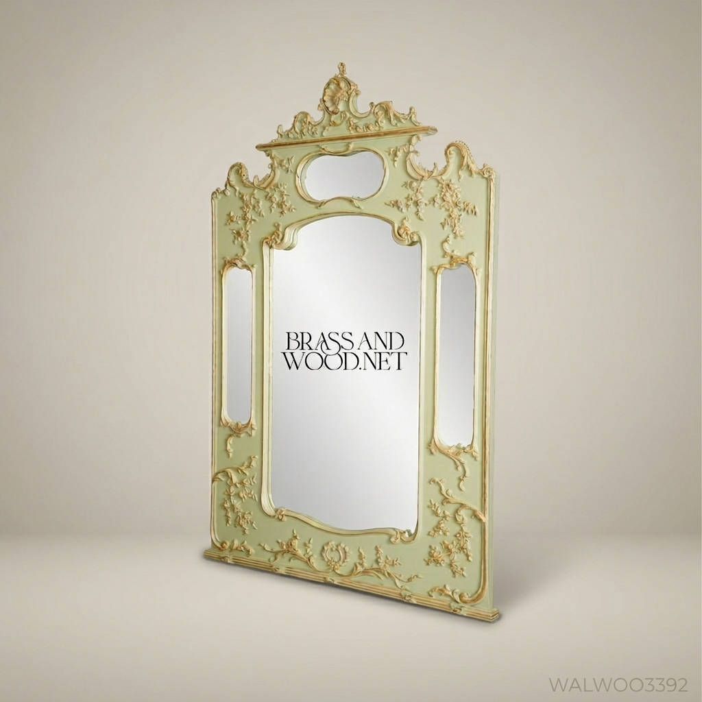 French Rococo Painted Wall Mirror – Sage Green & Gilt C-Scroll Floral Frame