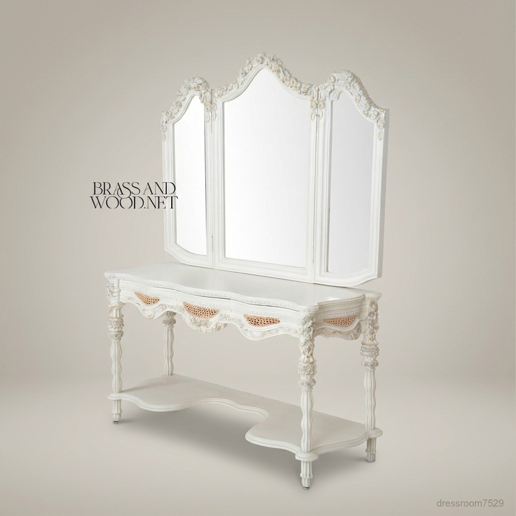 French Rococo Revival Carved Coiffeuse with Tri-Fold Mirror & Cane Drawer Panels