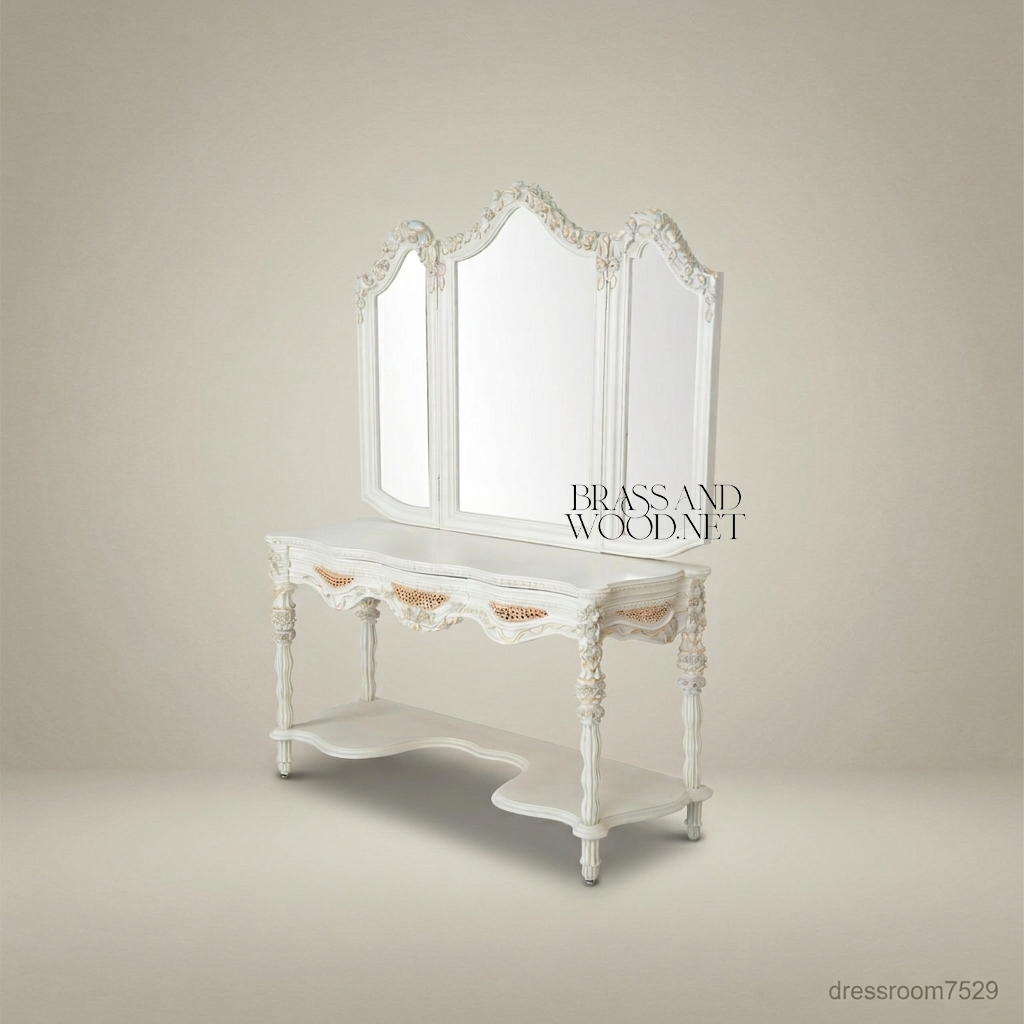 French Rococo Revival Carved Coiffeuse with Tri-Fold Mirror & Cane Drawer Panels