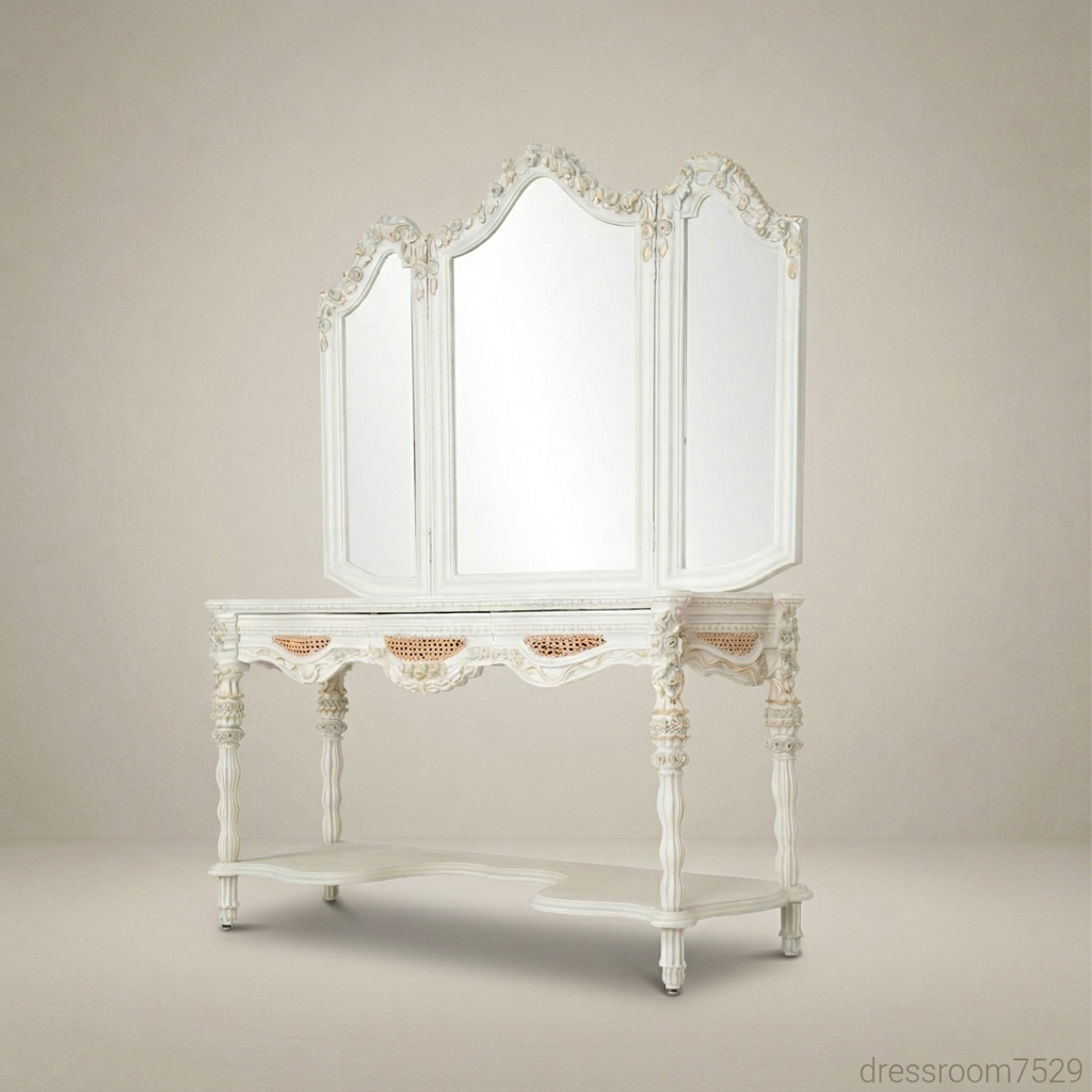 French Rococo Revival Carved Coiffeuse with Tri-Fold Mirror & Cane Drawer Panels