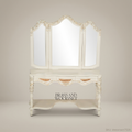 French Rococo Revival Carved Coiffeuse with Tri-Fold Mirror & Cane Drawer Panels