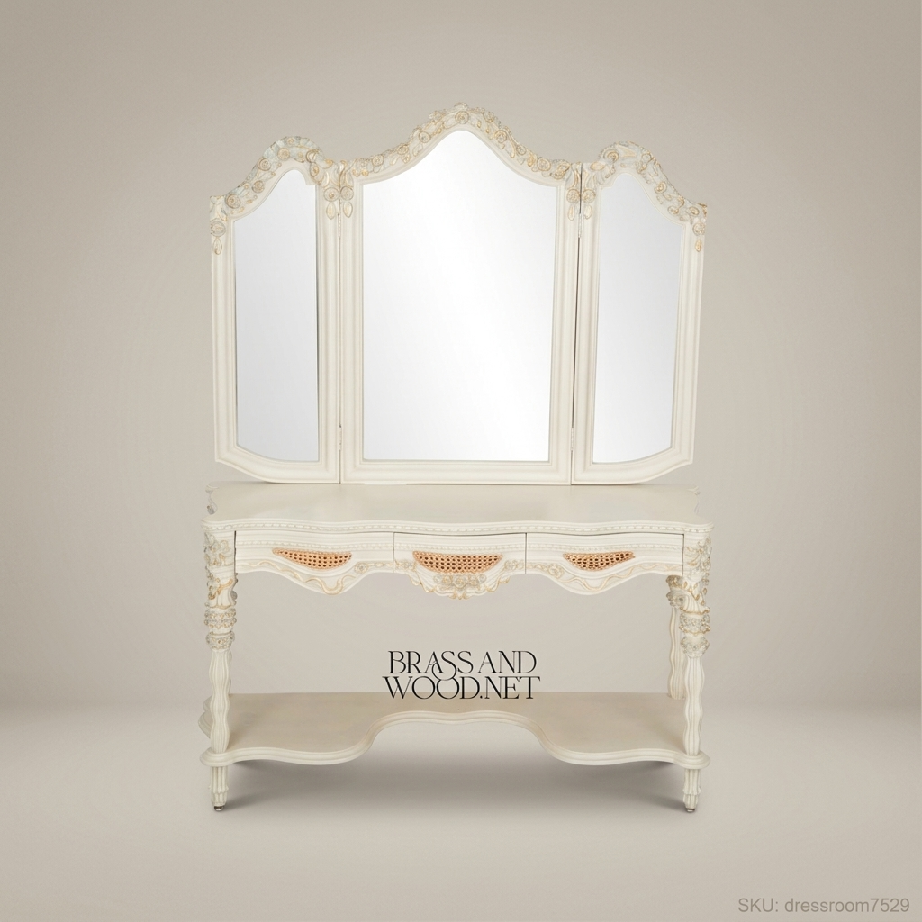 French Rococo Revival Carved Coiffeuse with Tri-Fold Mirror & Cane Drawer Panels