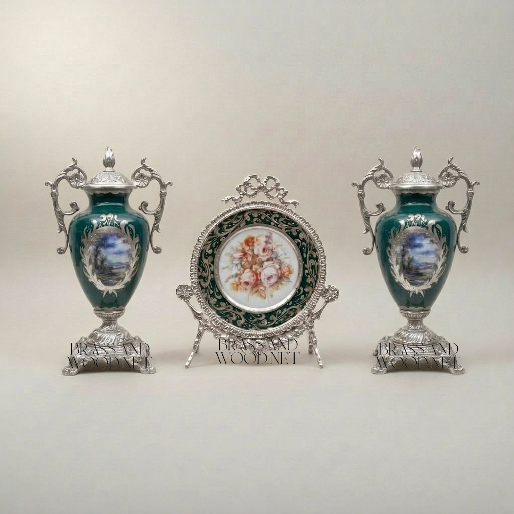 Rococo Sèvres-Style Porcelain & Gilt Brass 3-Piece Garniture Set — Floral Medallion Urns & Display Plate