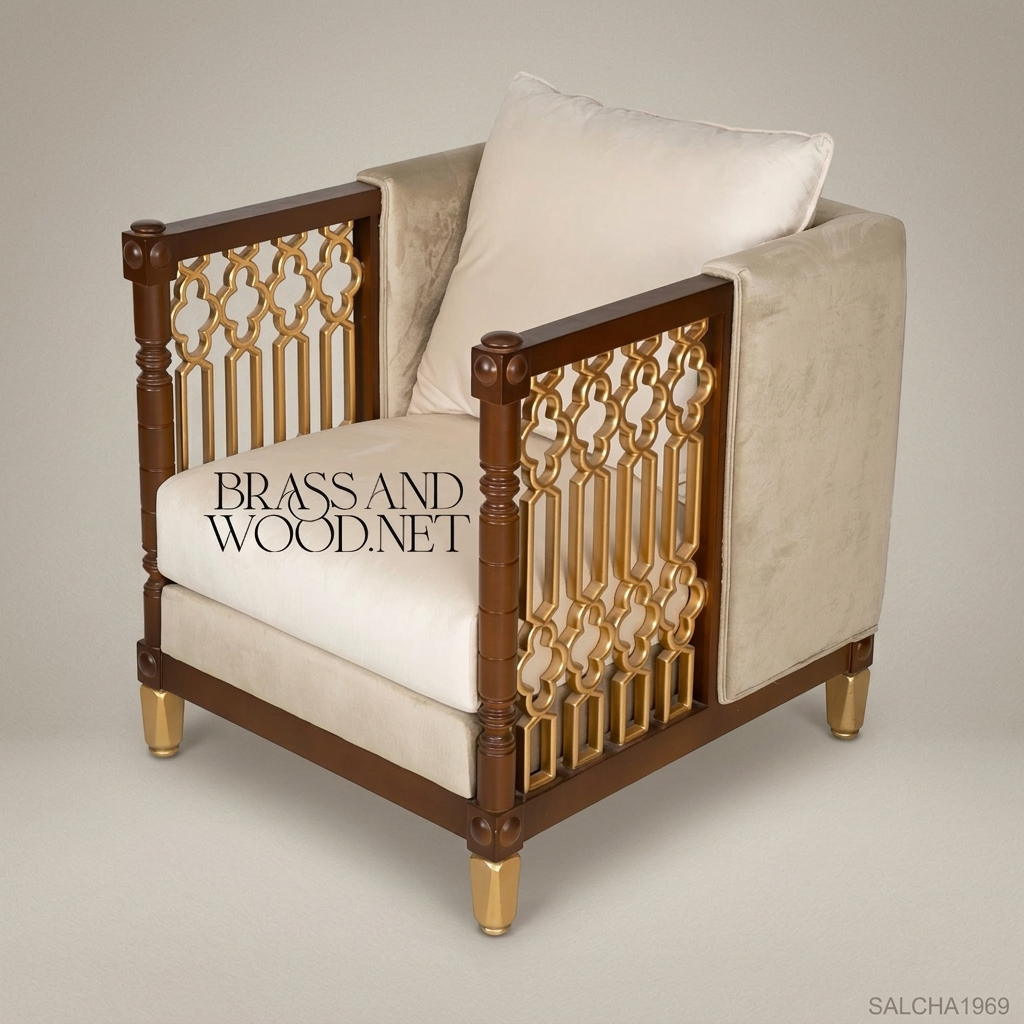 Gothic Revival solid wood salon armchair with gilt quatrefoil lattice side panels and beige velvet cushions on gilt-capped straight legs View 4 | Brass & Wood