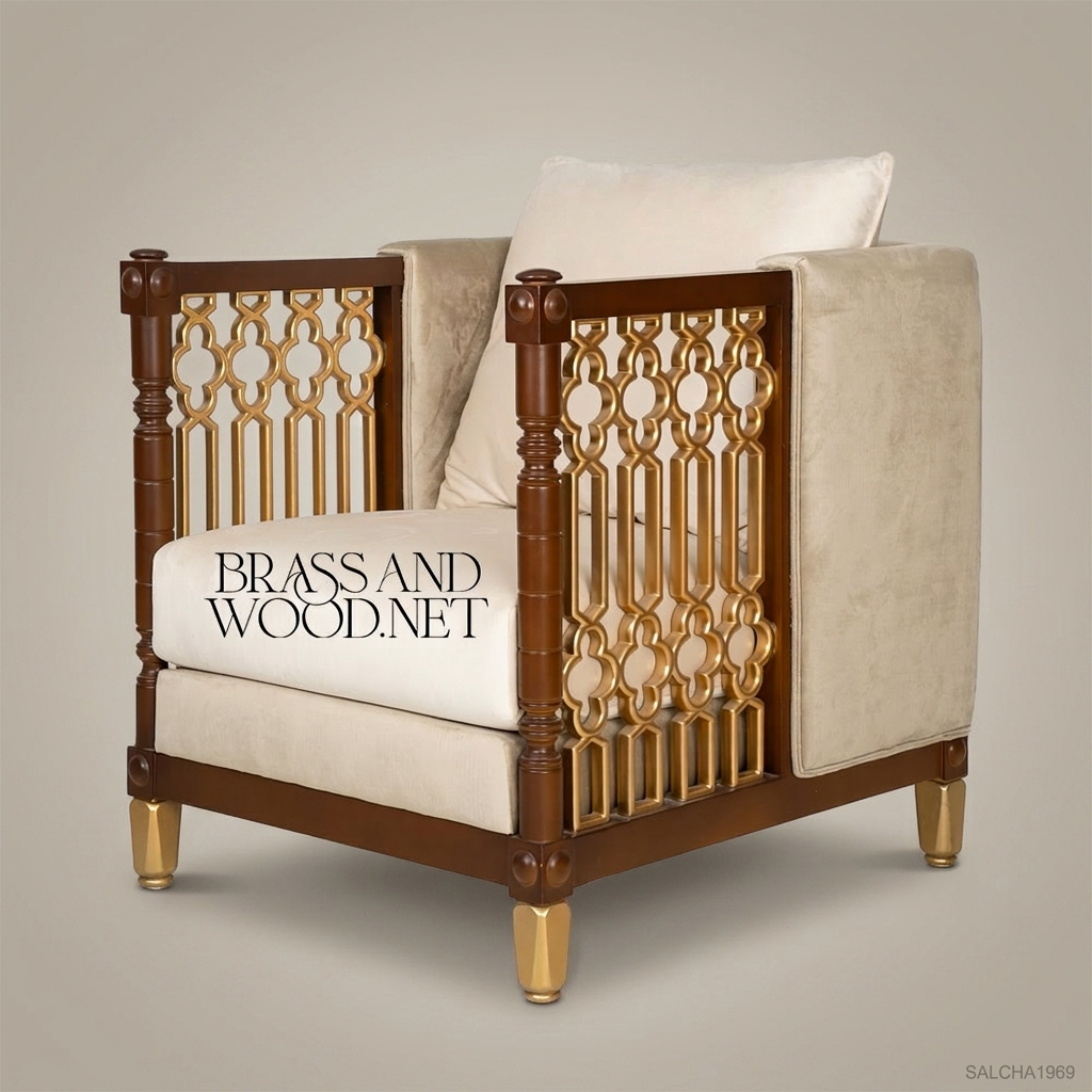 Gothic Revival solid wood salon armchair with gilt quatrefoil lattice side panels and beige velvet cushions on gilt-capped straight legs View 5 | Brass & Wood