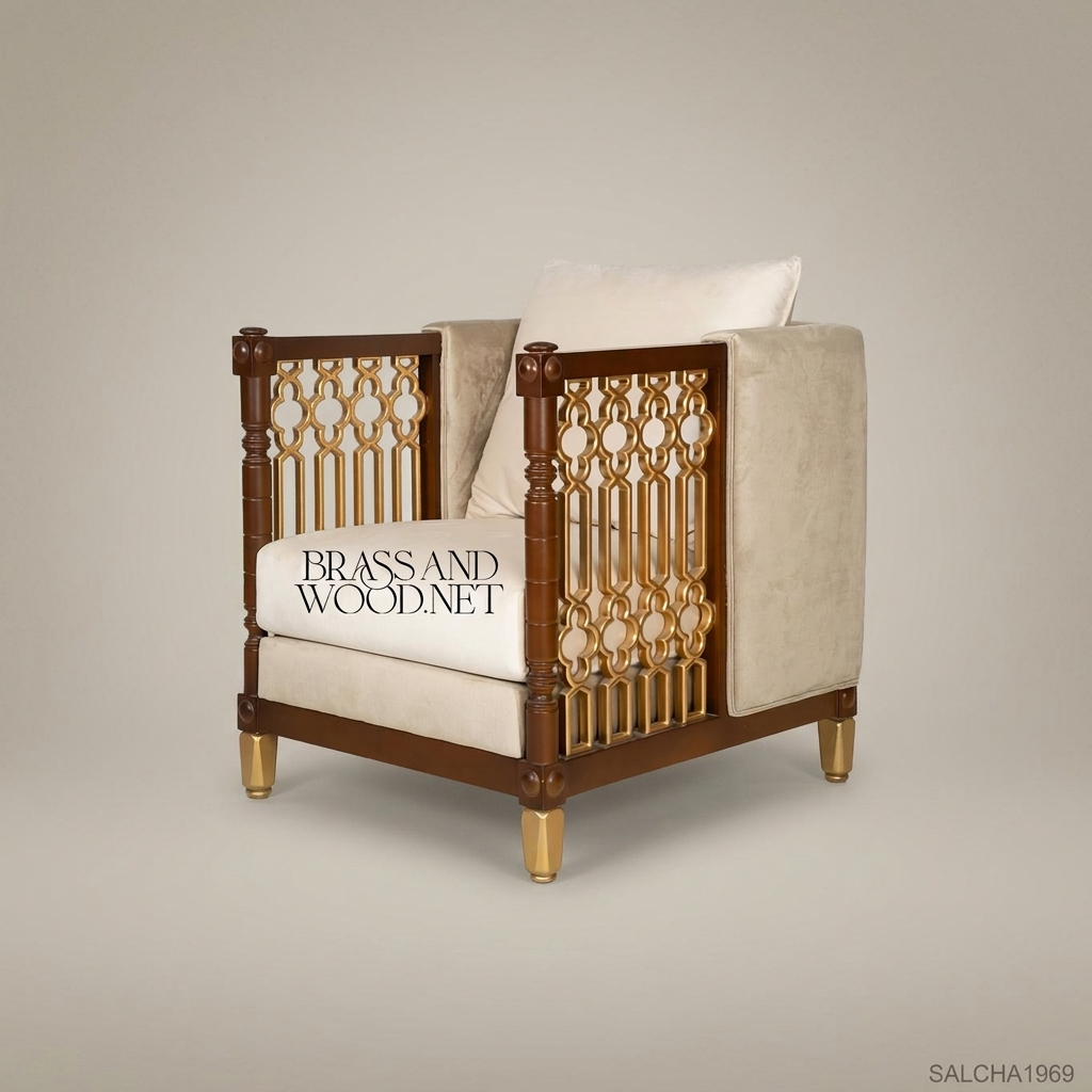 Gothic Revival solid wood salon armchair with gilt quatrefoil lattice side panels and beige velvet cushions on gilt-capped straight legs View 6 | Brass & Wood