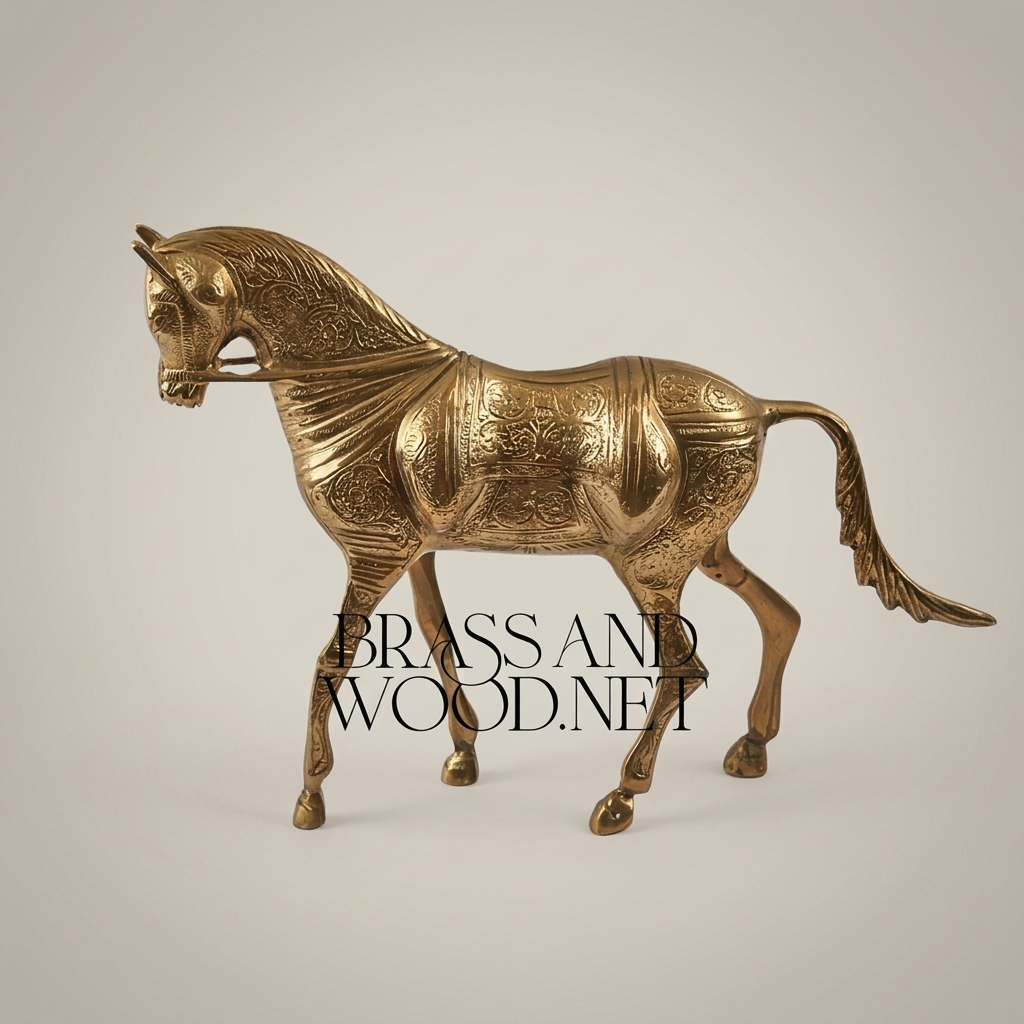 Handcrafted Brass Arabian Horse Sculpture with Islamic Engraved Body — Antique Gold