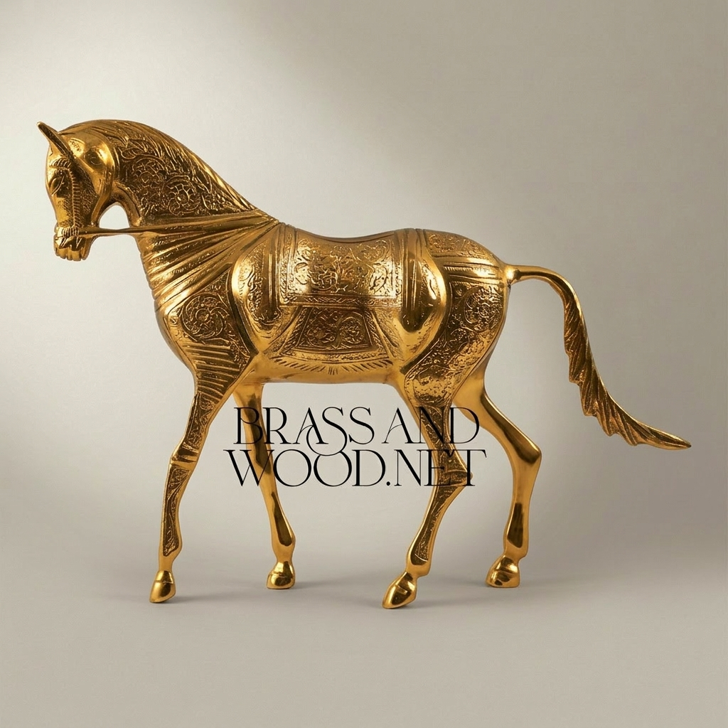 Handcrafted Brass Arabian Horse Sculpture with Islamic Engraved Body — Gold