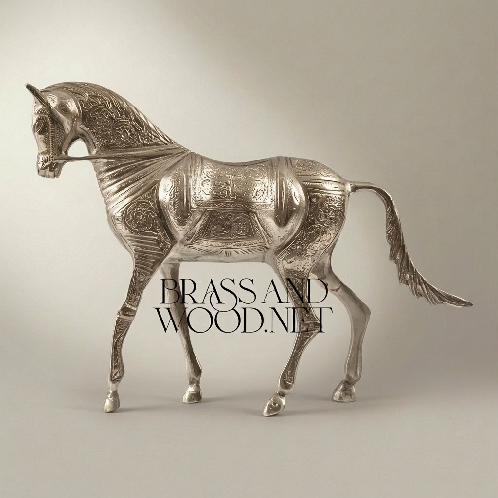Handcrafted Brass Arabian Horse Sculpture with Islamic Engraved Body — Silver