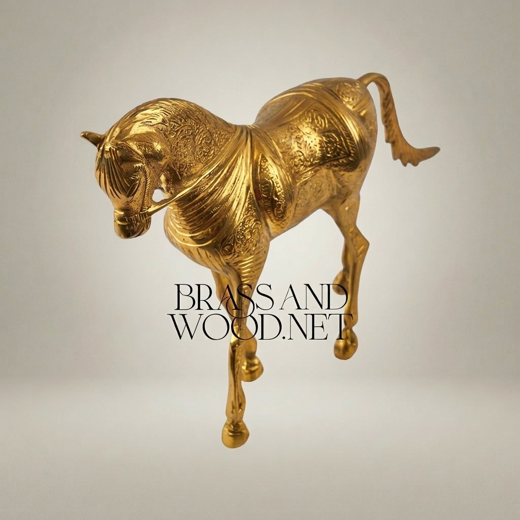 Handcrafted Brass Arabian Horse Sculpture with Islamic Engraved Body — Gold