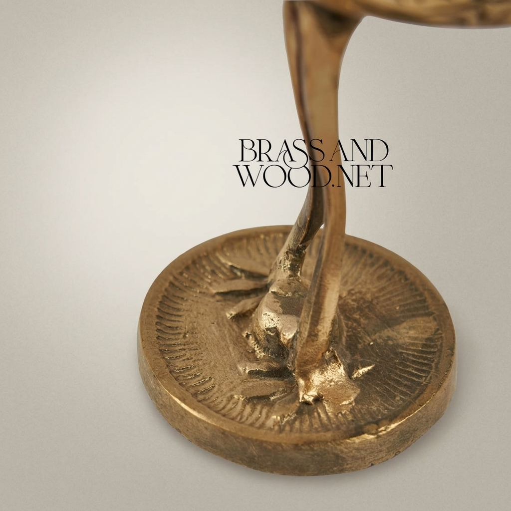Handcrafted Brass Crane Sculpture with Engraved Foliage Body — Gold