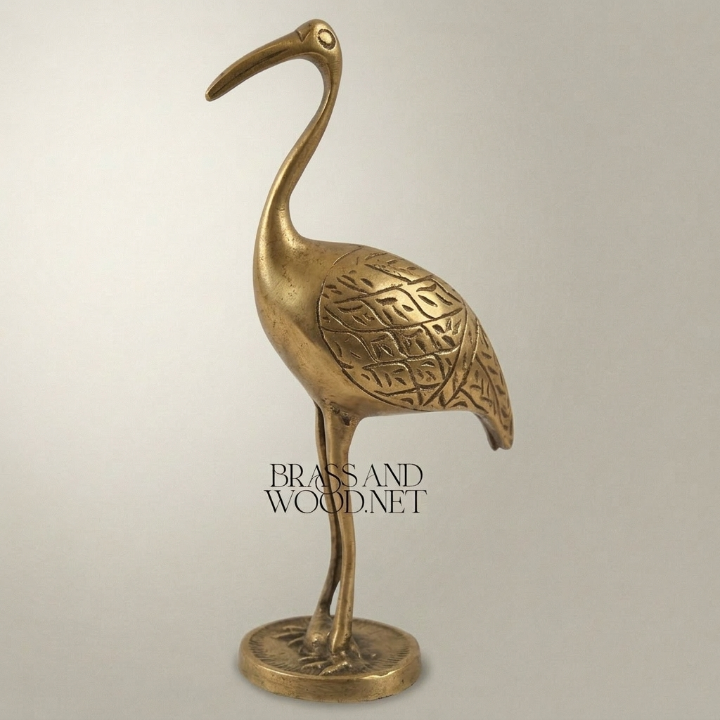Handcrafted Brass Crane Sculpture with Engraved Foliage Body — Antique Gold