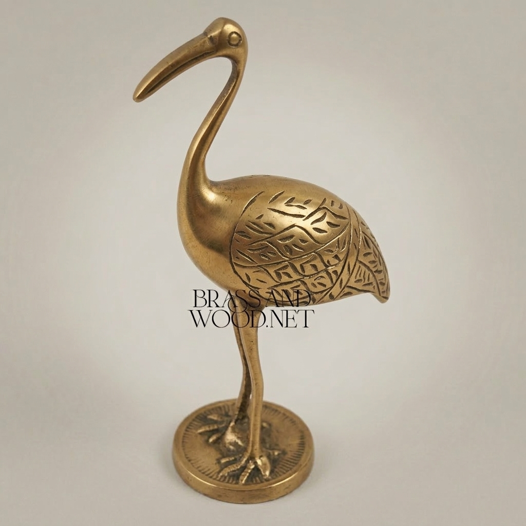 Handcrafted Brass Crane Sculpture with Engraved Foliage Body — Antique Gold