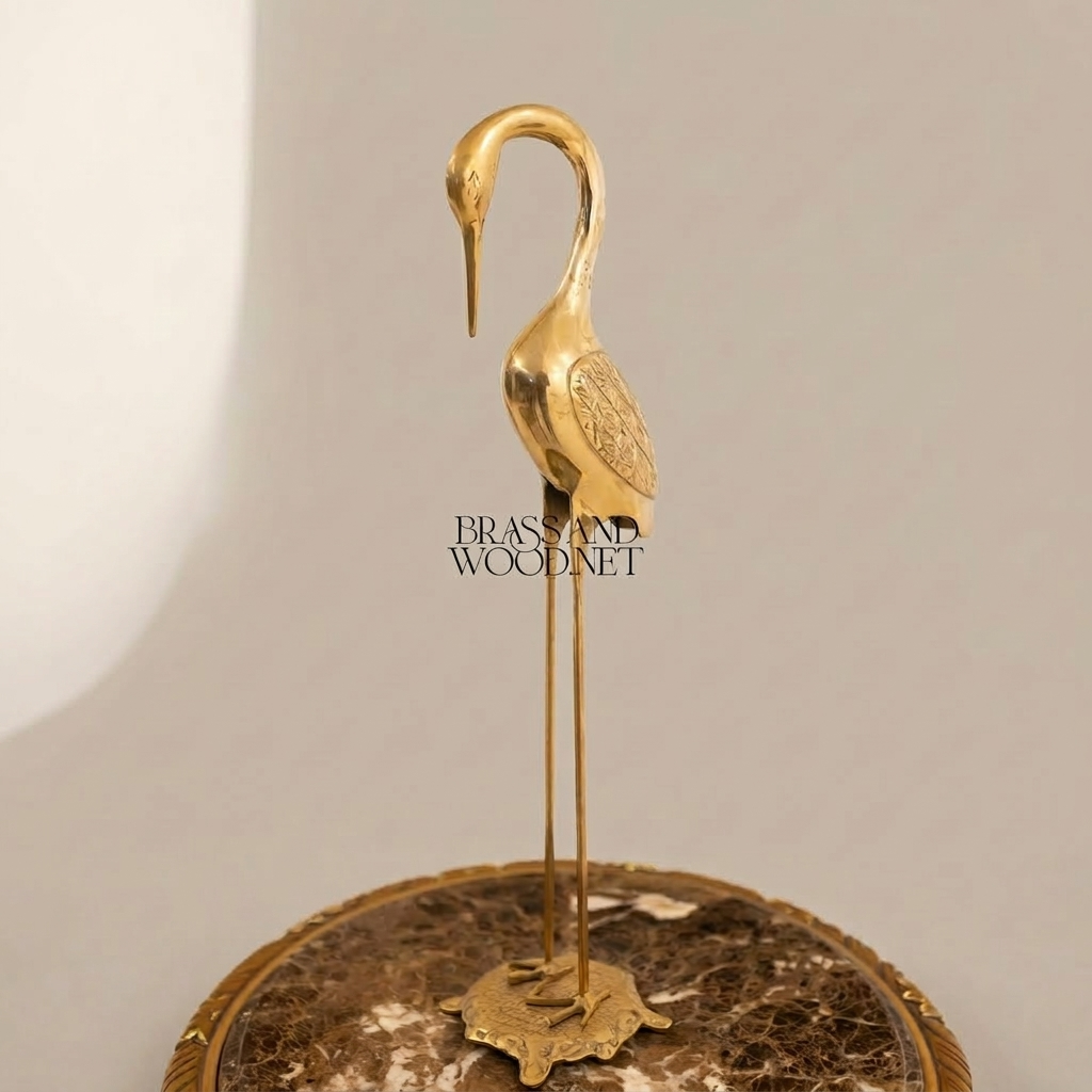 Handcrafted Brass Heron Sculpture on Ornate Pedestal Base