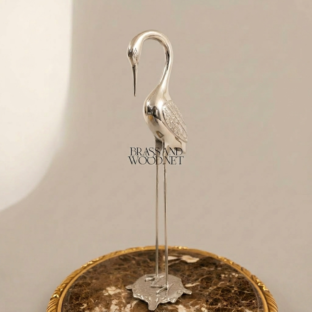 Handcrafted Brass Heron Sculpture on Ornate Pedestal Base — Silver