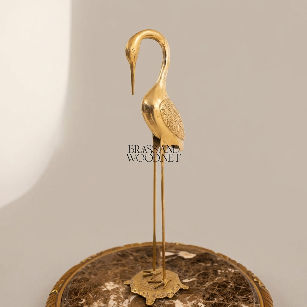 Handcrafted Brass Heron Sculpture on Ornate Pedestal Base — Antique Gold