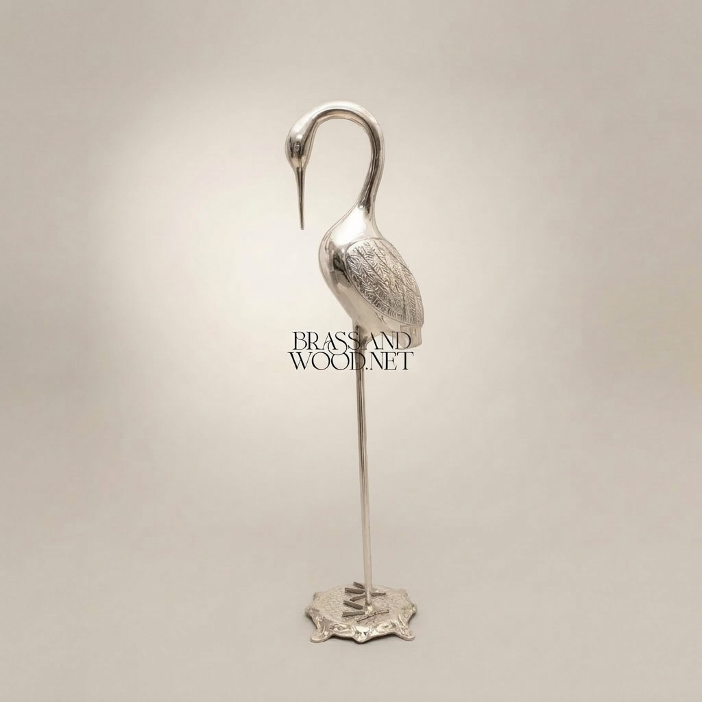 Handcrafted Brass Heron Sculpture on Ornate Pedestal Base — Silver
