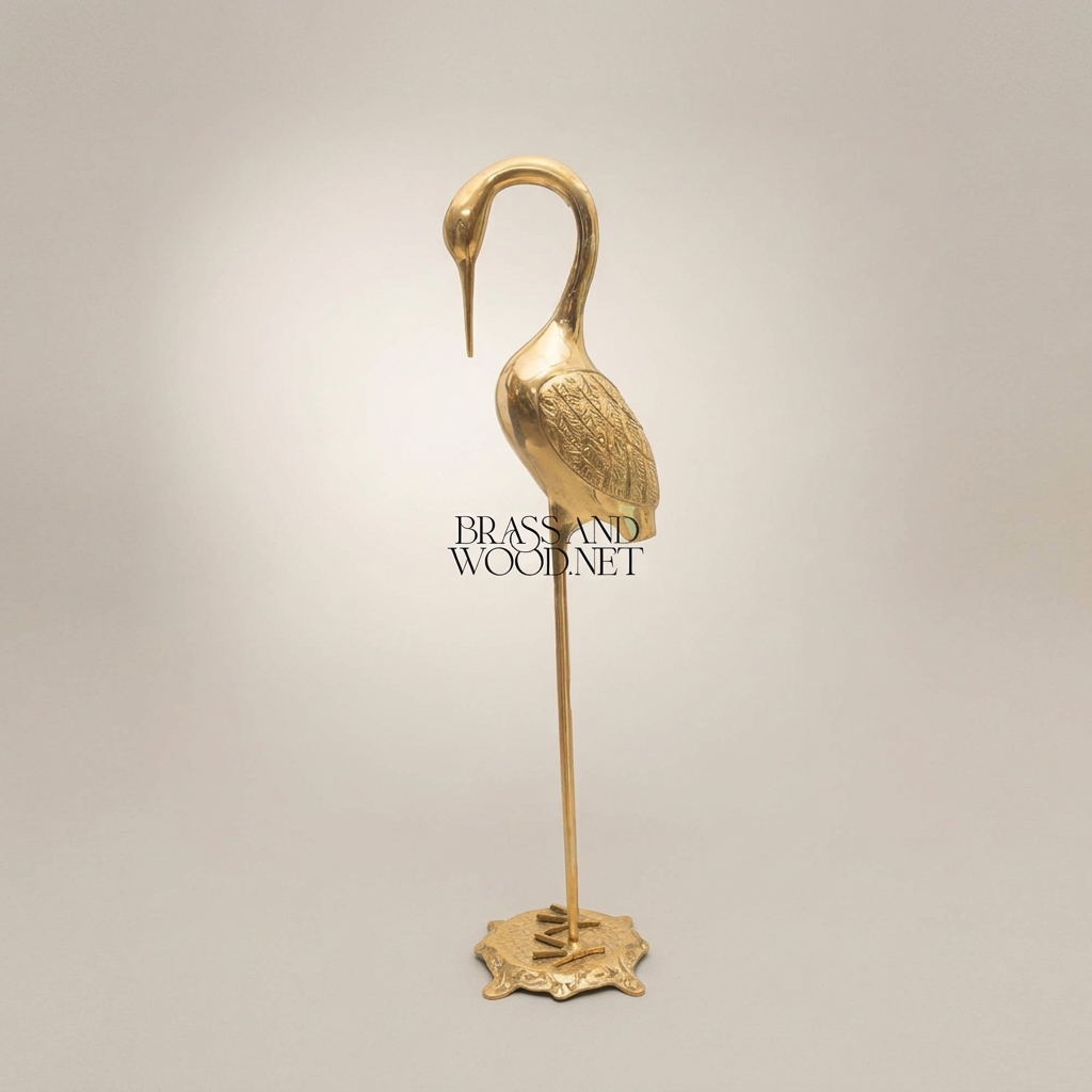 Handcrafted Brass Heron Sculpture on Ornate Pedestal Base — Antique Gold
