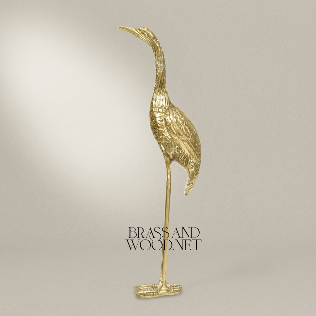 Handcrafted Brass Heron Sculpture - Tall Standing Bird Figurine
