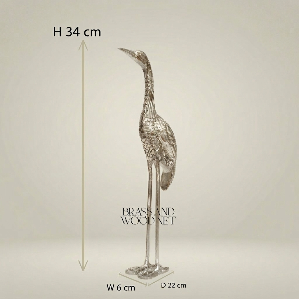 Handcrafted Brass Heron Sculpture - Tall Standing Bird Figurine — Silver
