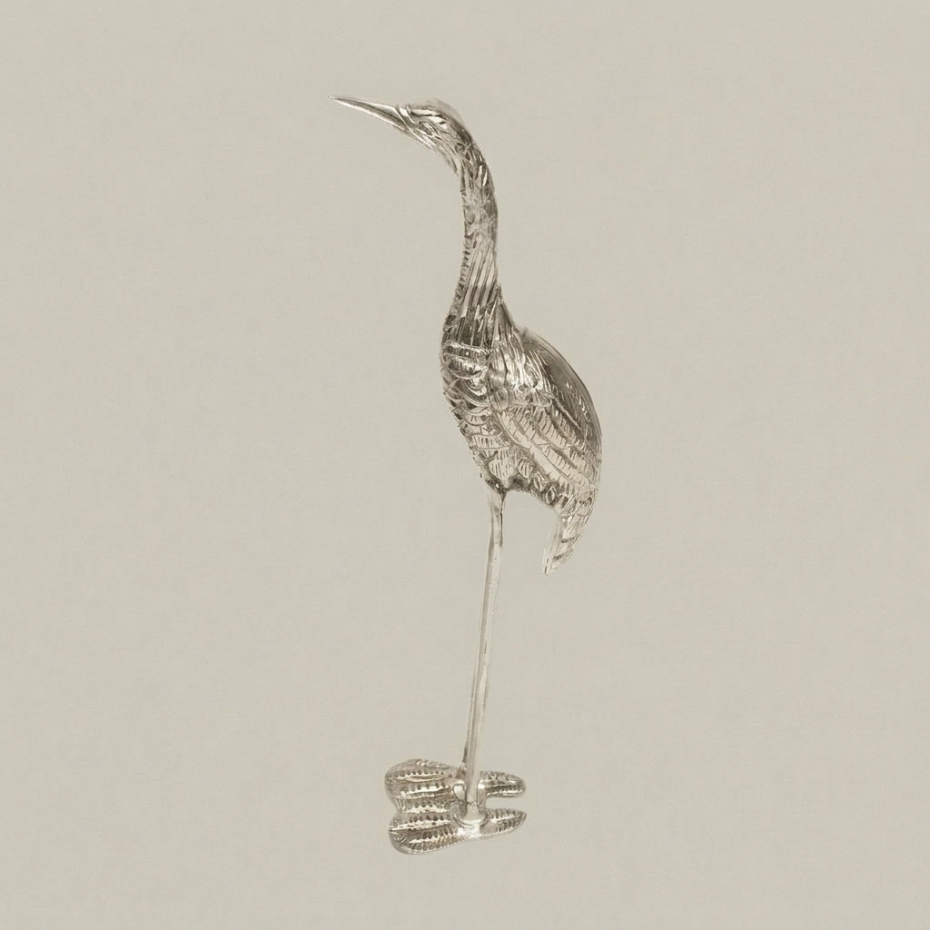 Handcrafted Brass Heron Sculpture - Tall Standing Bird Figurine — Silver