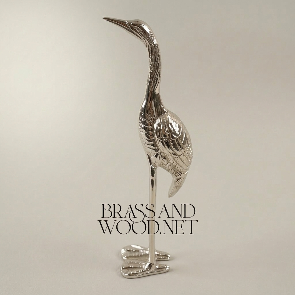 Handcrafted Brass Heron Sculpture - Standing Long-Legged Bird Figurine — Silver