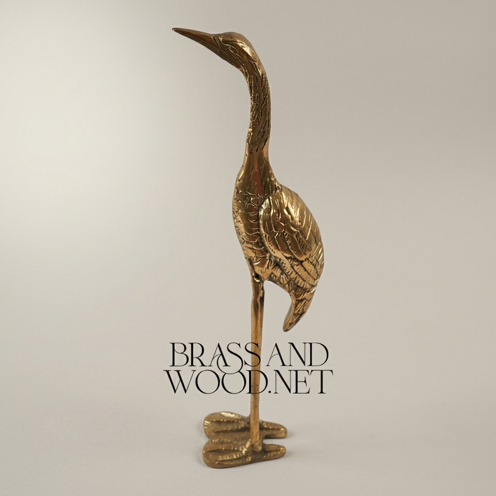 Handcrafted Brass Heron Sculpture - Standing Long-Legged Bird Figurine — Gold