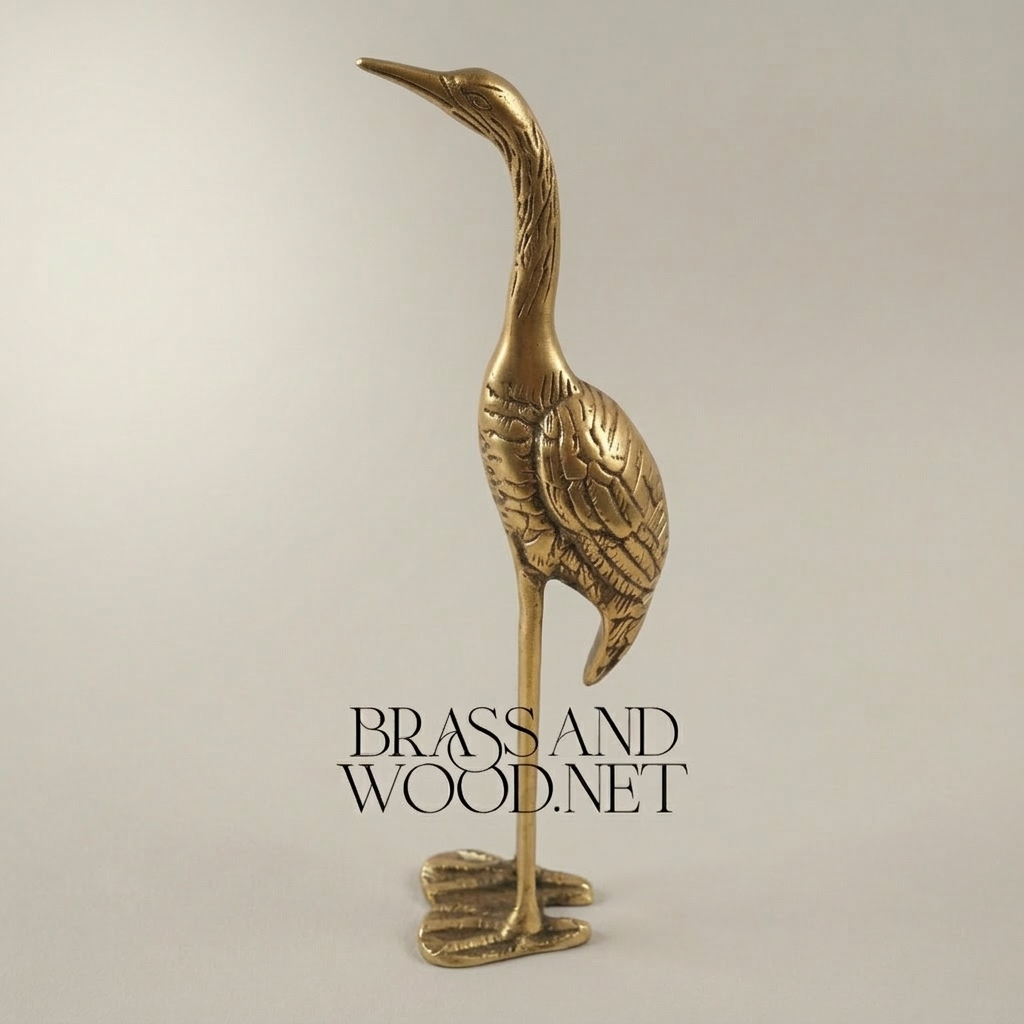 Handcrafted Brass Heron Sculpture - Standing Long-Legged Bird Figurine — Antique Gold