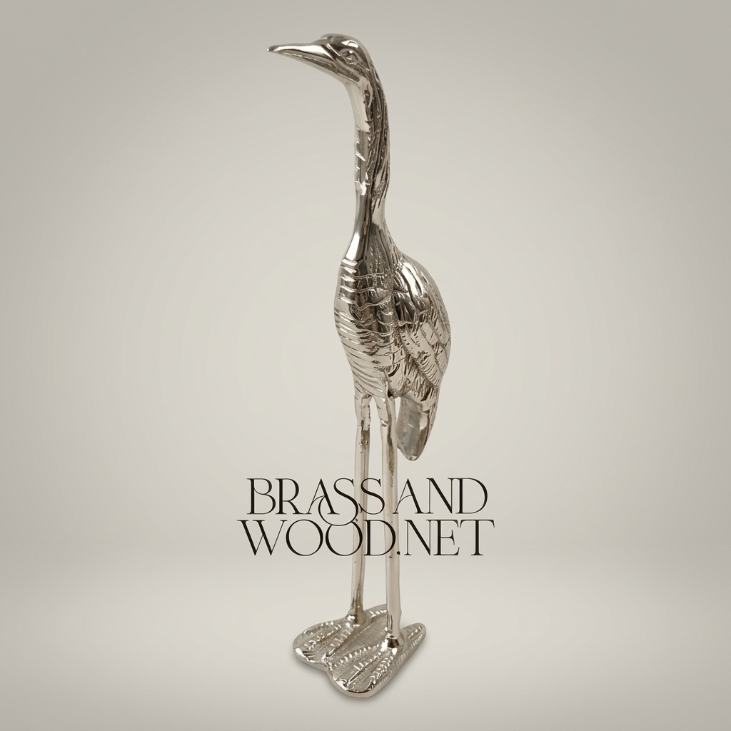 Handcrafted Brass Heron Sculpture - Standing Long-Legged Bird Figurine — Silver